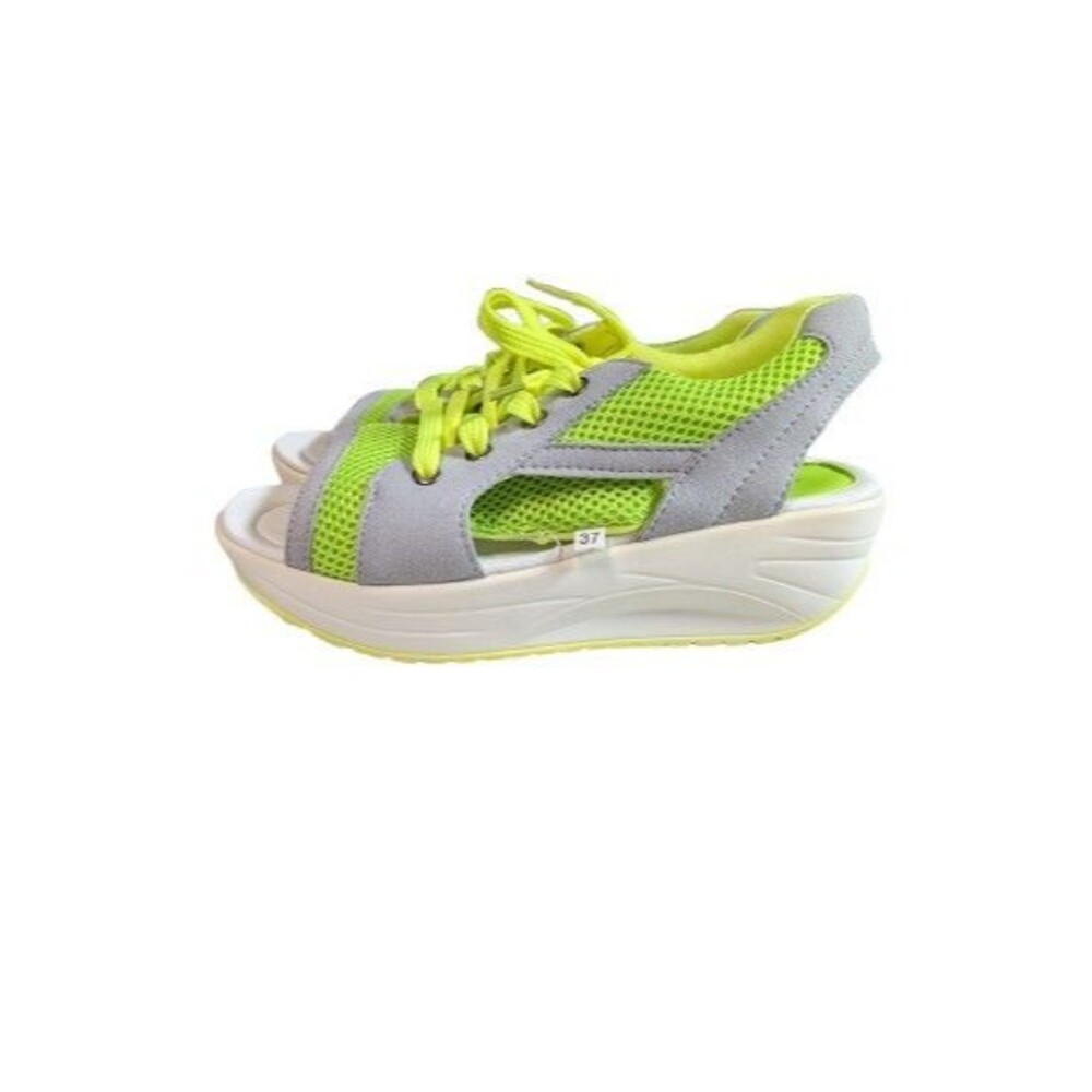 Neon Green Grey Mesh Platform Sneaker Sandals Chunky Wedge Slingback Size 6.5 - Picture 2 of 11